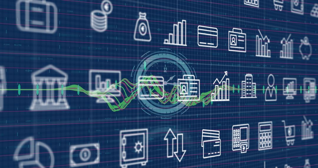 Digital interfaces and data icons showcasing technology concepts