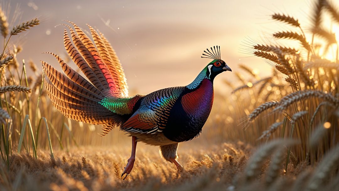 Vibrant pheasant animal in golden wheat field at sunrise
