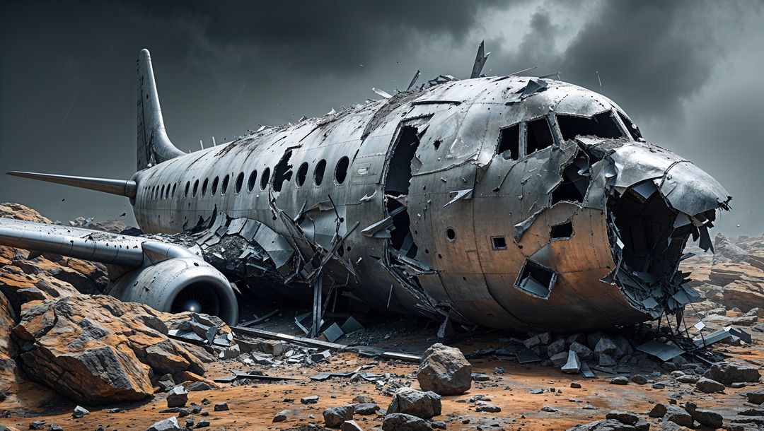 Abandoned plane crash wreckage in desert landscape