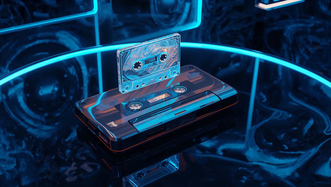 Retro Cassette Tapes and Player in Futuristic Neon Blue Glow
