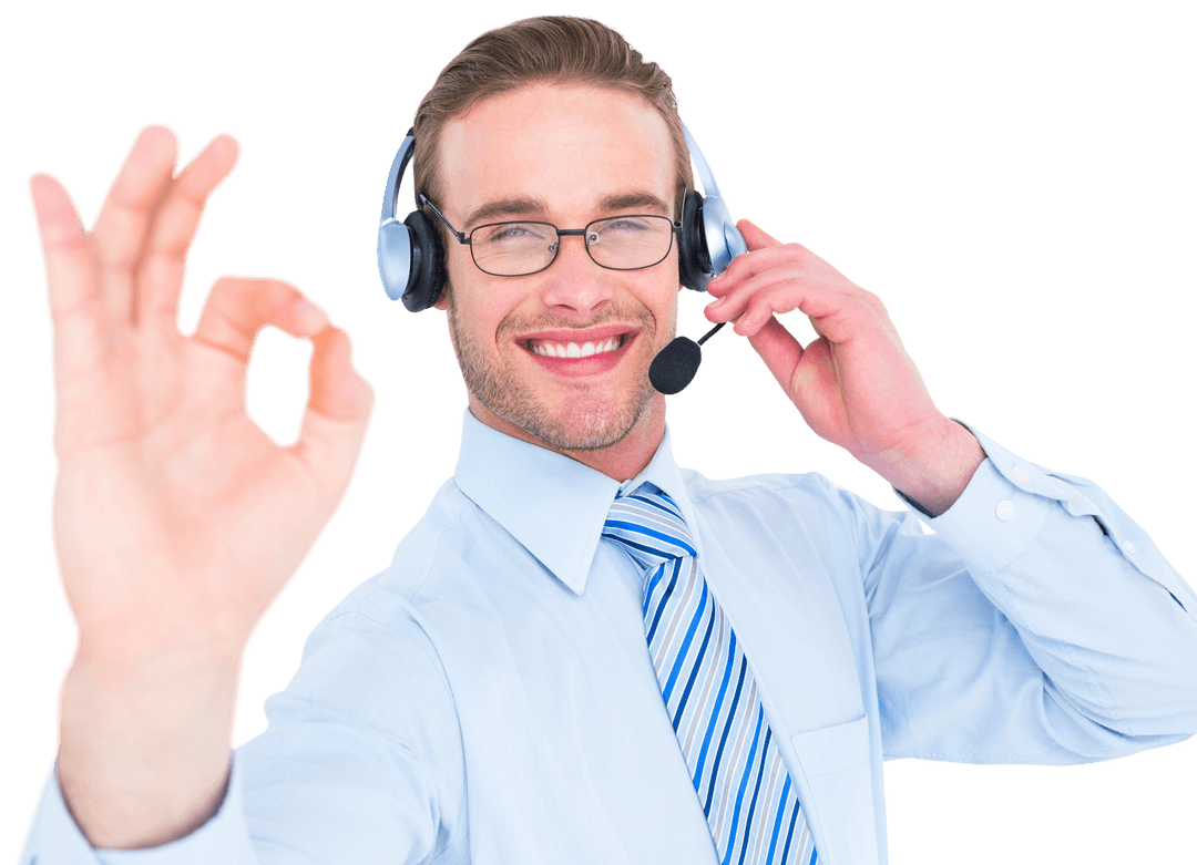 Cheerful Cosnpi Caller with Headset Making Okay Sign Isolated