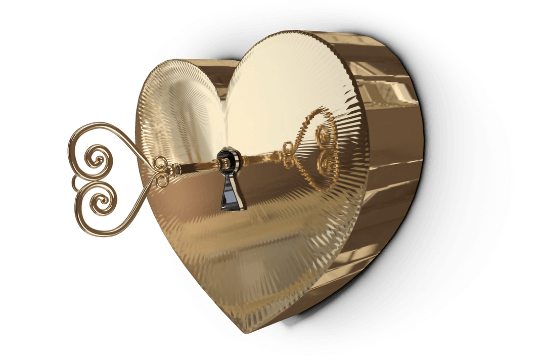 Golden Heart-Shaped Lock with Key on Transparent Background