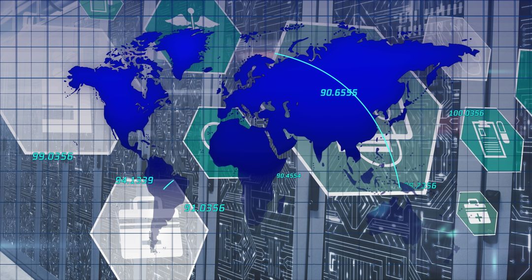 World Map with Medical Icons and Microprocessor Connections