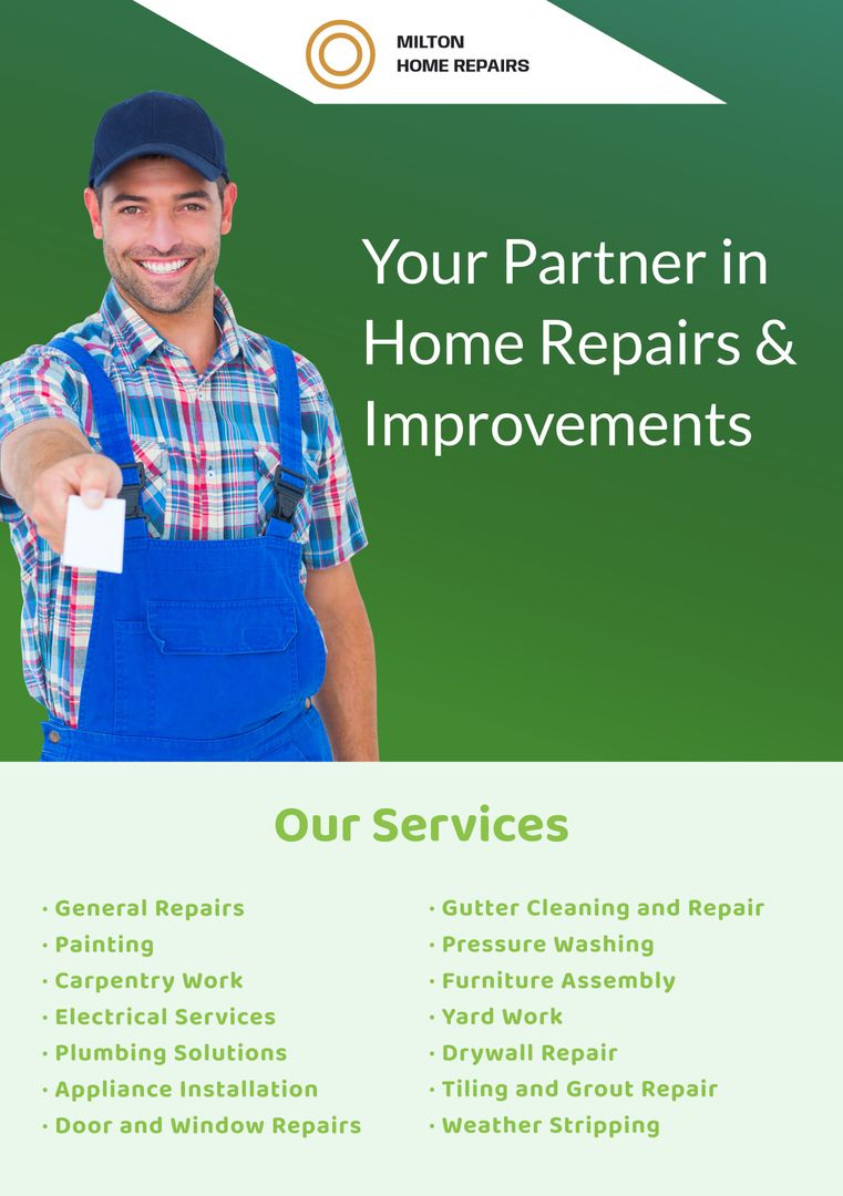 Smiling Handyman in Uniform Promoting Home Repair Services and Improvements - Download Free Stock Templates Pikwizard.com