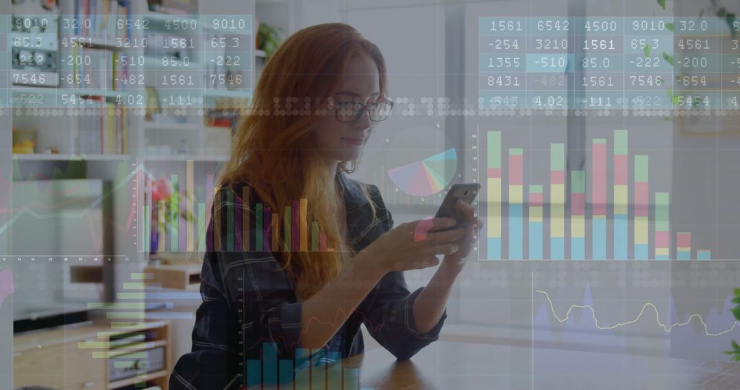 Businesswoman Analyzing Data on Smartphone with Digital Graphics Overlay
