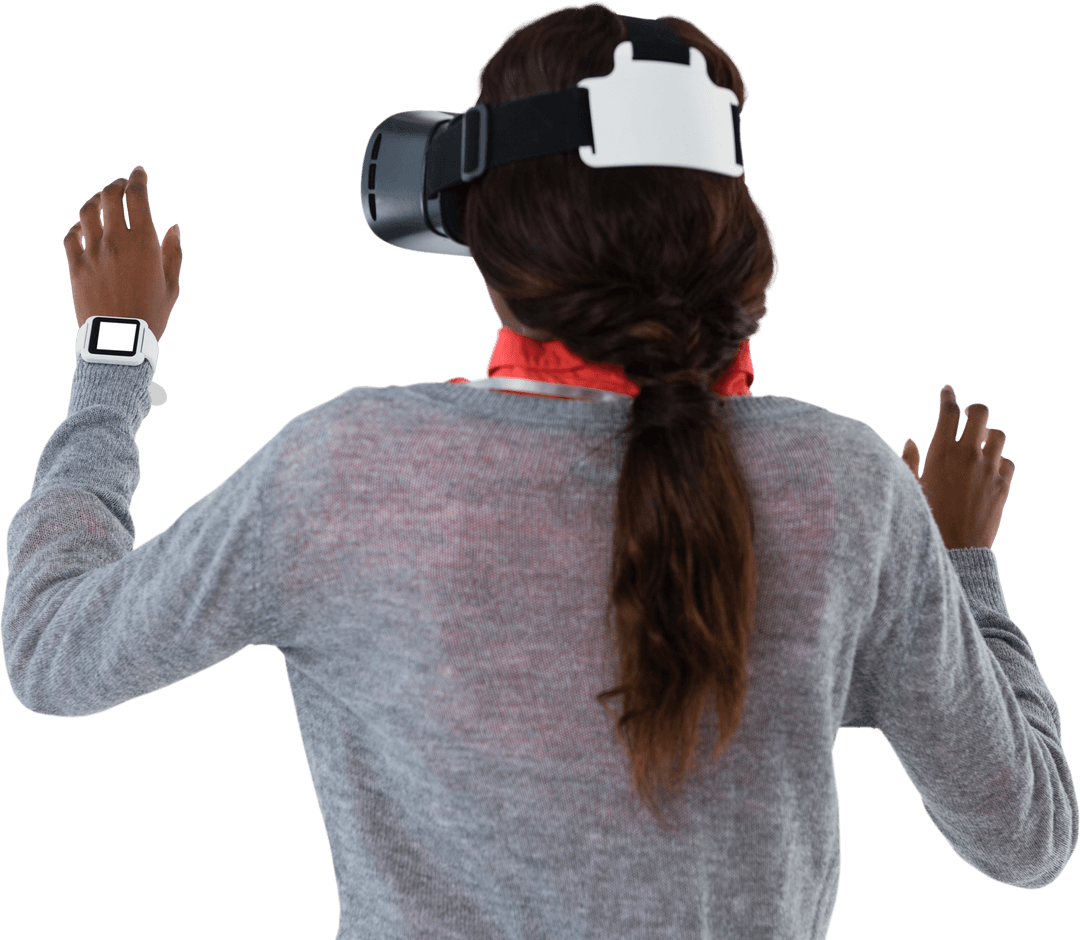 Transparent Rear View Woman Using VR Glasses and Smartwatch Concept