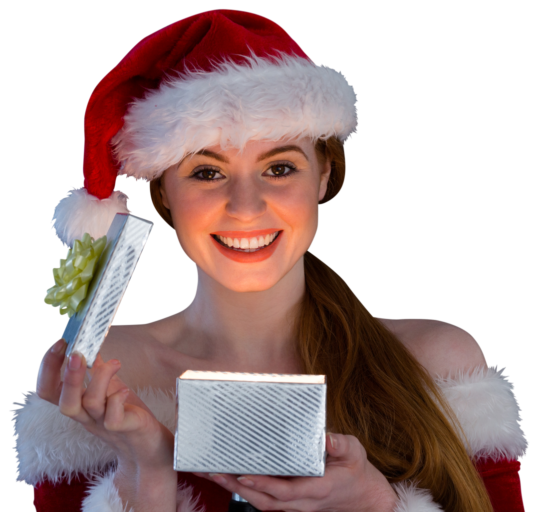 Smiling Woman Wearing Red Santa Hat Opening Christmas Gift With Transparent Background - Download Free Stock Images Pikwizard.com