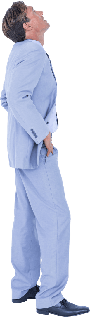 Joyful Caucasian Businessman Looking Up on Transparent Background