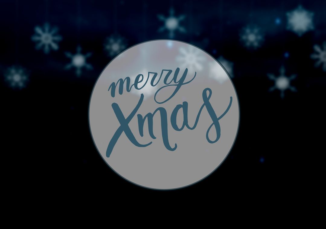 Merry Xmas Text with Falling Snowflakes on Blue Background