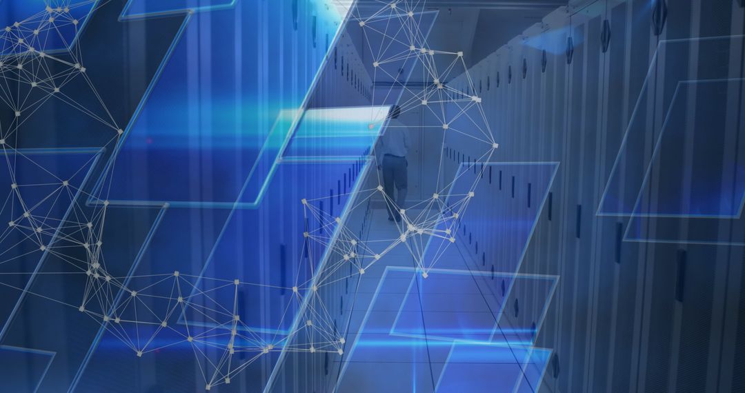 Engineer Walking in Server Room with Digital Network Overlay
