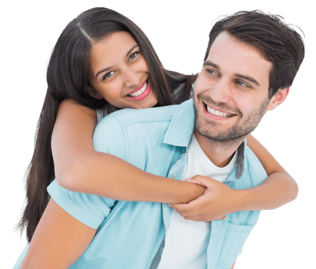 Smiling Couple Enjoying Playful Moment on Transparent Background