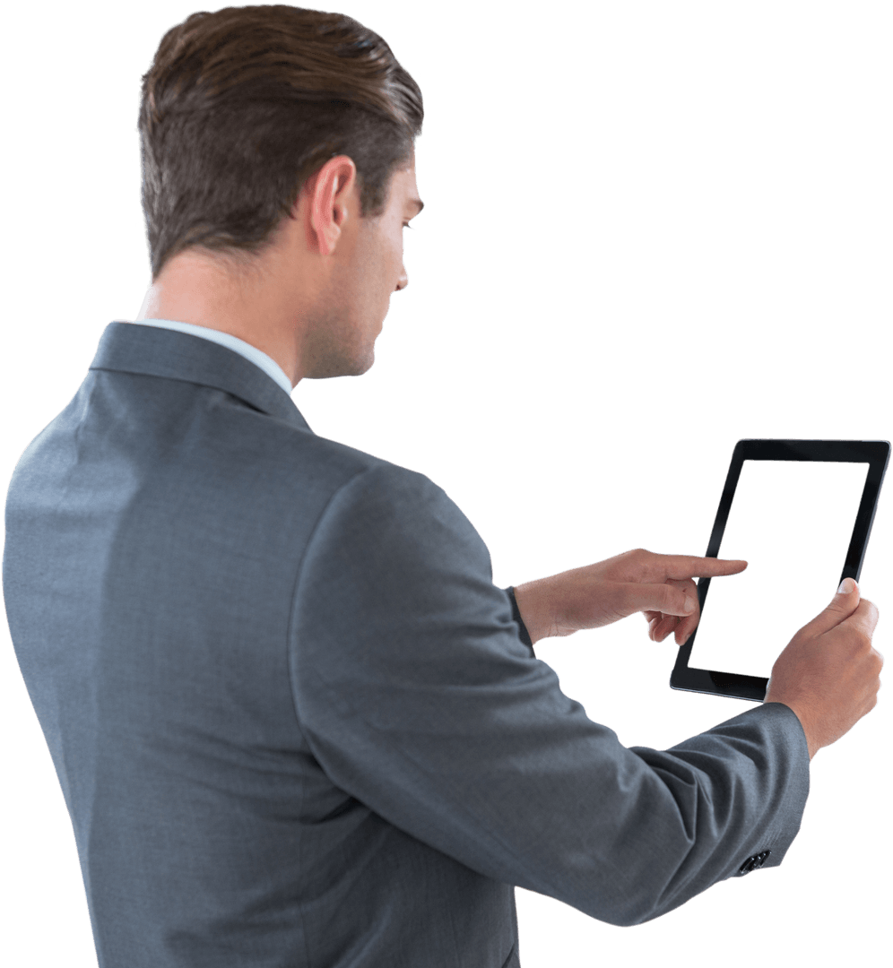 Caucasian Businessman Using Tablet Device on Transparent Background
