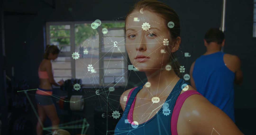 Female Fitness Enthusiast with Digital Interface in Modern Gym Environment