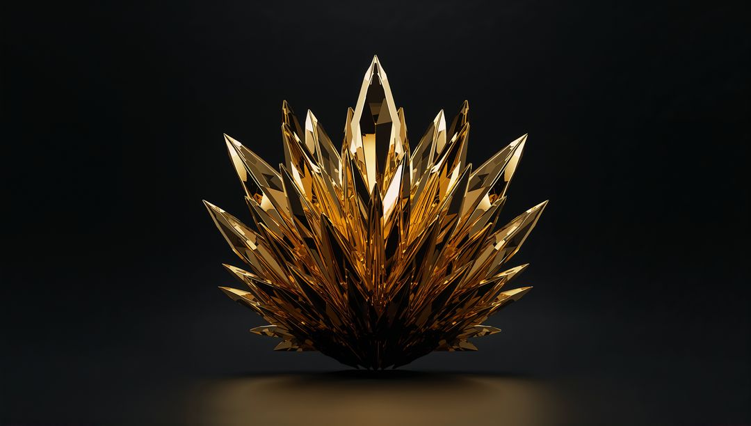 Golden Faceted Crystal Crown Sculpture on Dark Reflective Surface with Spotlight