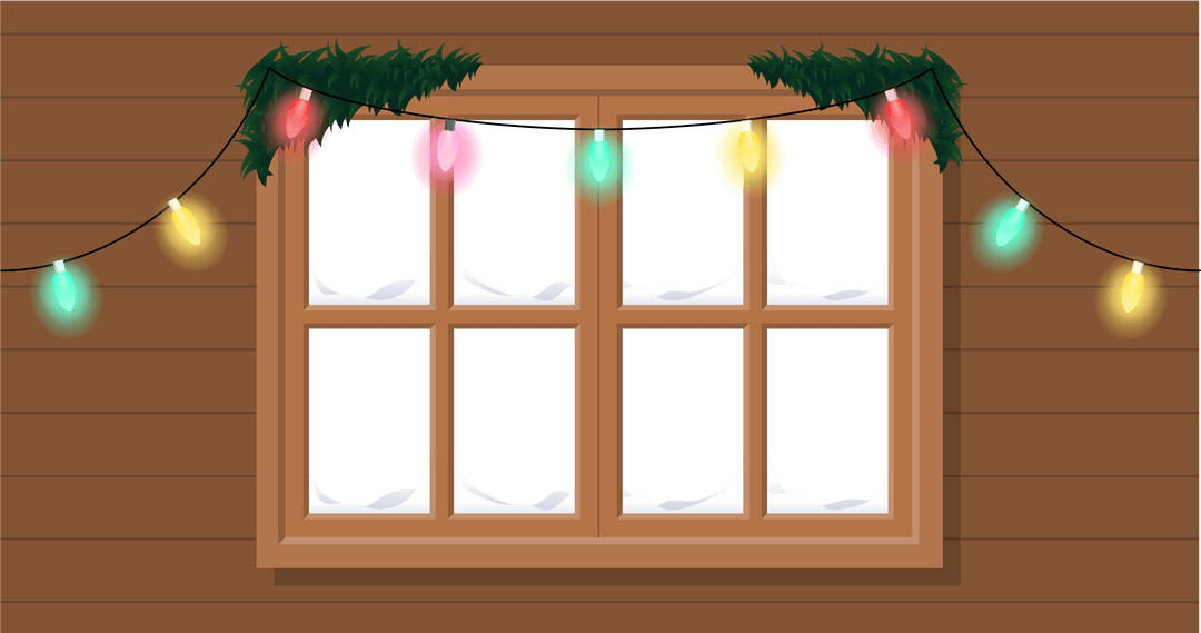 Transparent Festive Lights on Window Against Wooden Background