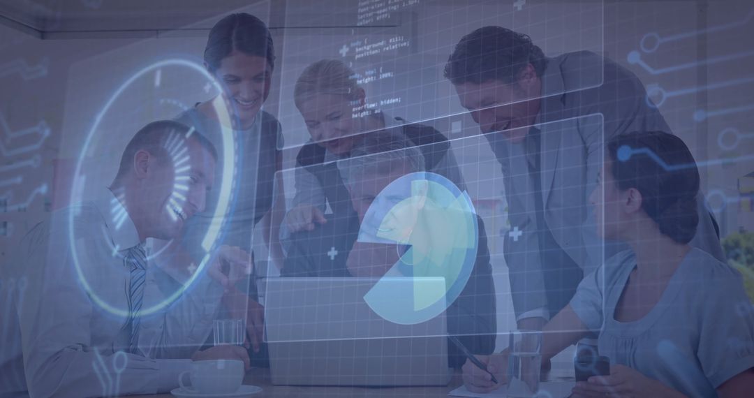 Business Team Analyzing Holographic Data Display in Office Meeting