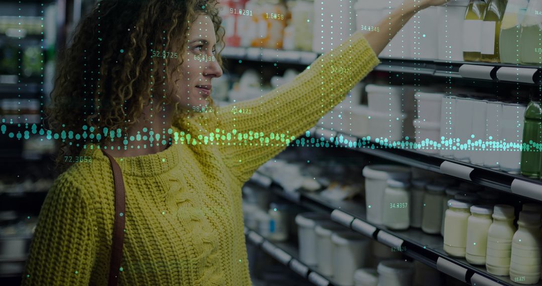 Data Interface with Woman Shopping in Grocery Aisle
