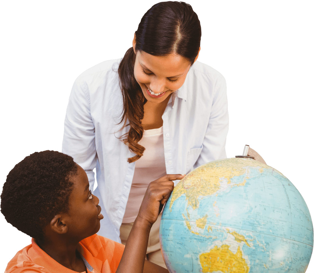 Transparent Teacher and Student Exploring Globe Together
