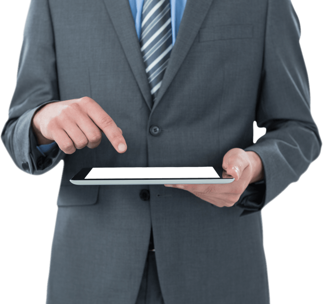 Businessman Interacting with Transparent Tablet for Modern Solutions