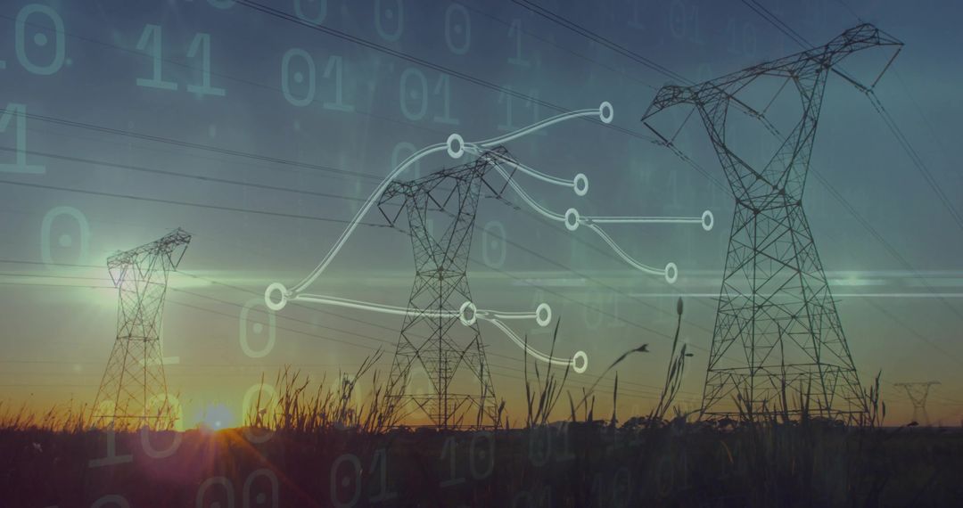 Rural Power Transmission Towers Merging with Digital Network Overlay at Sunset