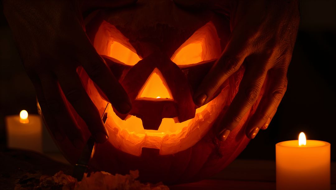 Cradling Hands Framing Glowing Jack-O'-Lantern with Candlelight and Pumpkin Carving Debris
