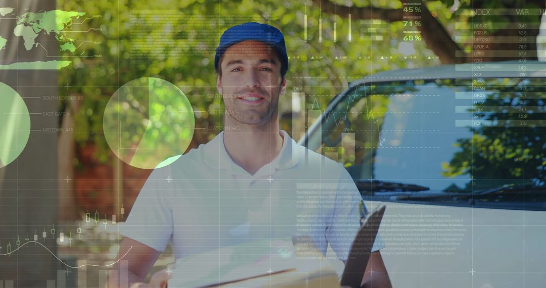Smiling Deliveryman with Package and Digital Analytics Overlay