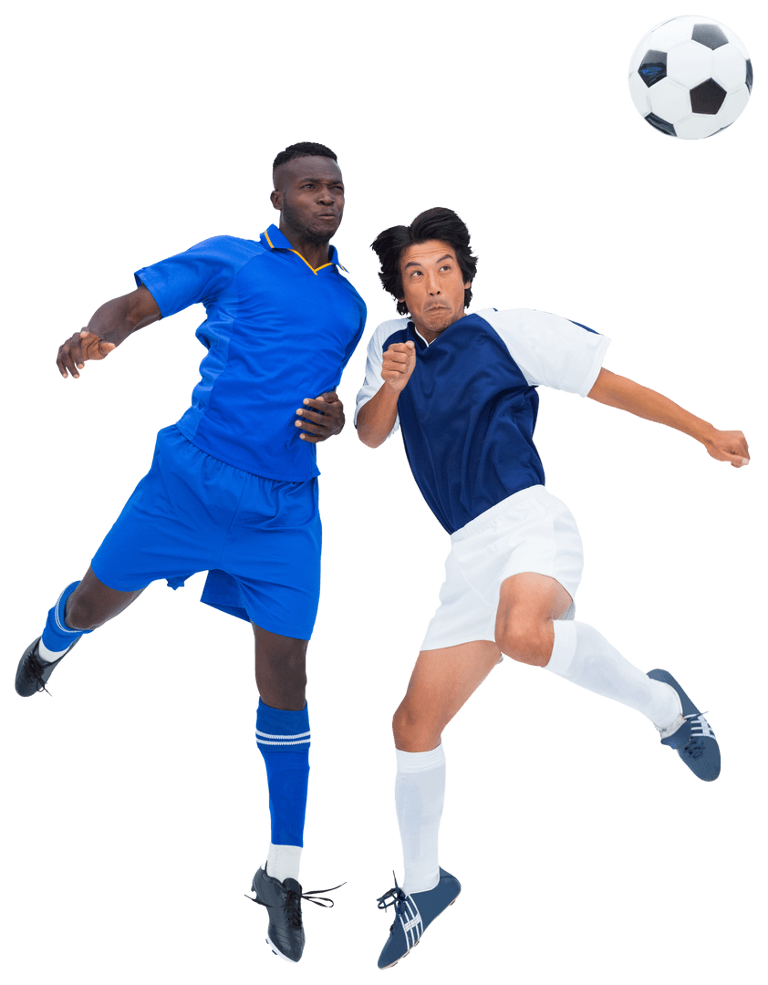 Soccer Players Jumping for Ball with Transparent Background