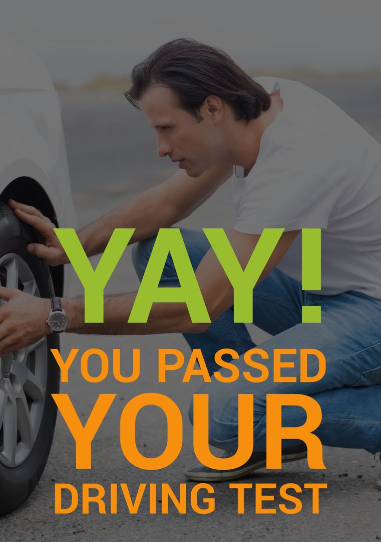 Man Celebrating Passing Driving Test with Tire Check - Download Free Stock Templates Pikwizard.com