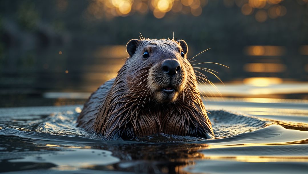 North American Beaver Swimming at Dusk with Reflective Waters