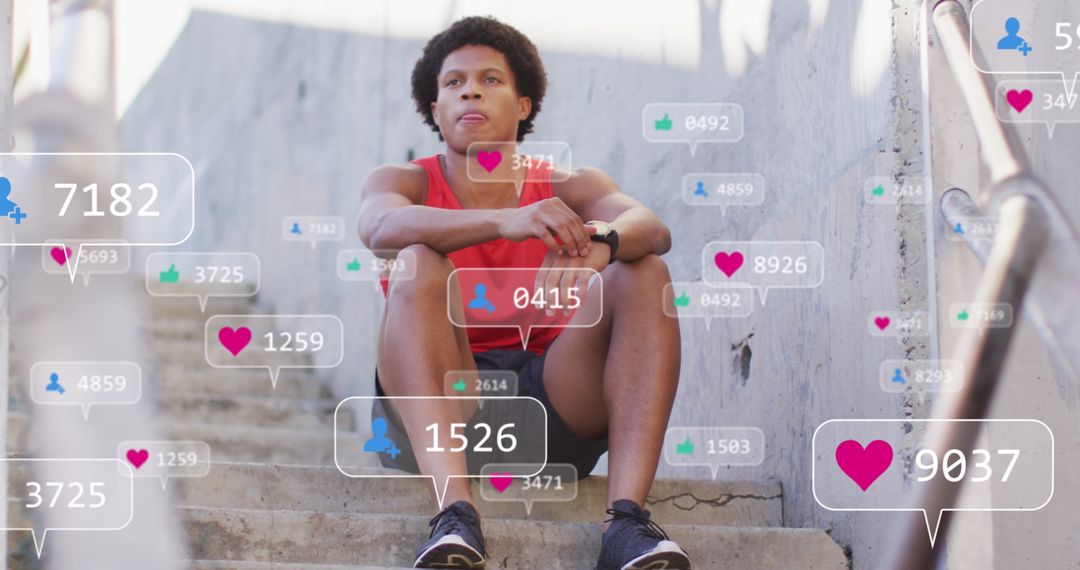 Athletic Man Surrounded by Social Media Notifications