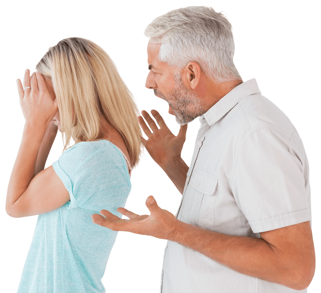Man Angrily Shouting at Woman Holding Head, Transparent Background