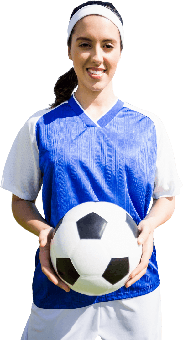 Smiling Female Football Player Holding Soccer Ball Transparent Background