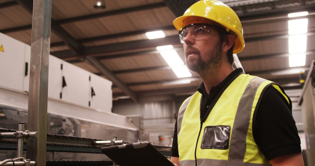 Bearded Industrial Worker Wearing Safety Gear in Manufacturing Plant - Free Images, Stock Photos and Pictures on Pikwizard.com