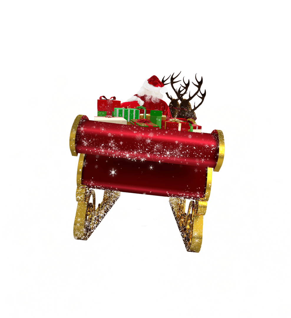 Santa Claus Flying in Sleigh with Reindeer on Transparent Background