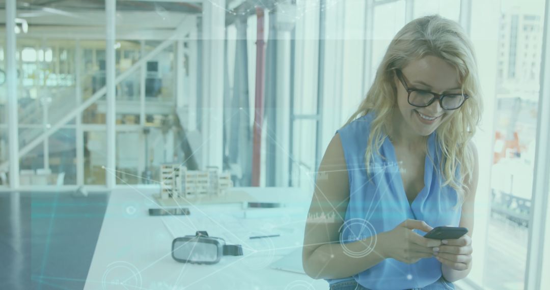 Smiling Businesswoman Interacting with Digital Data Interface