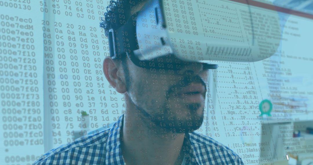 Man Experiencing VR Technology with Digital Data Overlap