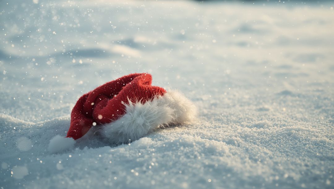 Scarlet Santa Hat Resting in Fresh Snow with Falling Snowflakes and Sparkling Ice Crystals
