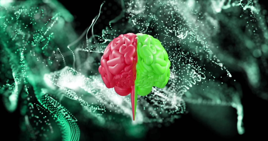 Half-Pink and Half-Green Brain Amidst Digital Wave