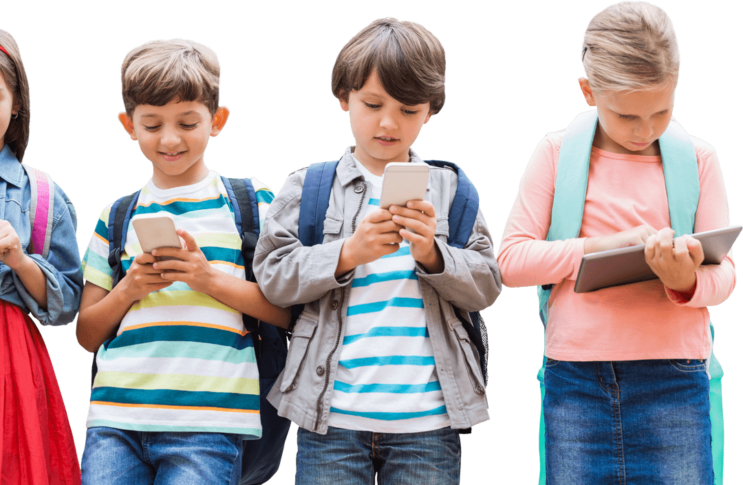 Schoolchildren Engaging with smartphones and tablets on transparent background