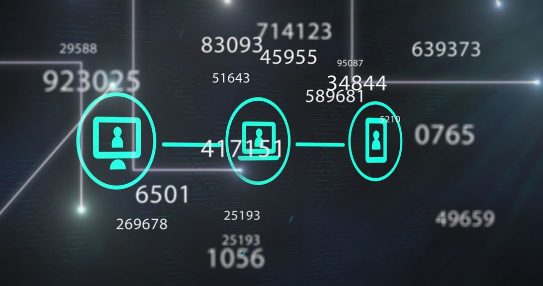 Digital Network of Icons with Dynamic Numbers and Light Trails Background