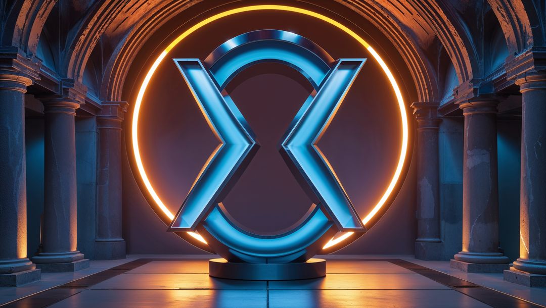 Futuristic Neon X Logo in Illuminated Architectural Setting