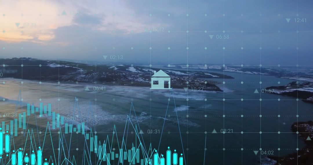 Overlay of Financial Data Graphics on Scenic Landscape