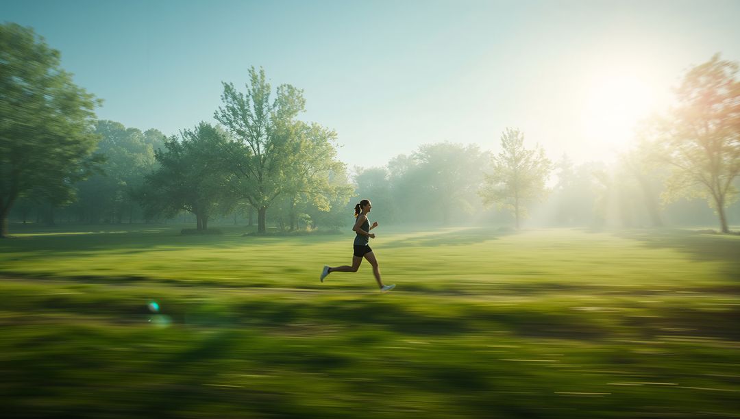 Running Woman at Dawn in Scenic Park with Fitness Tracker