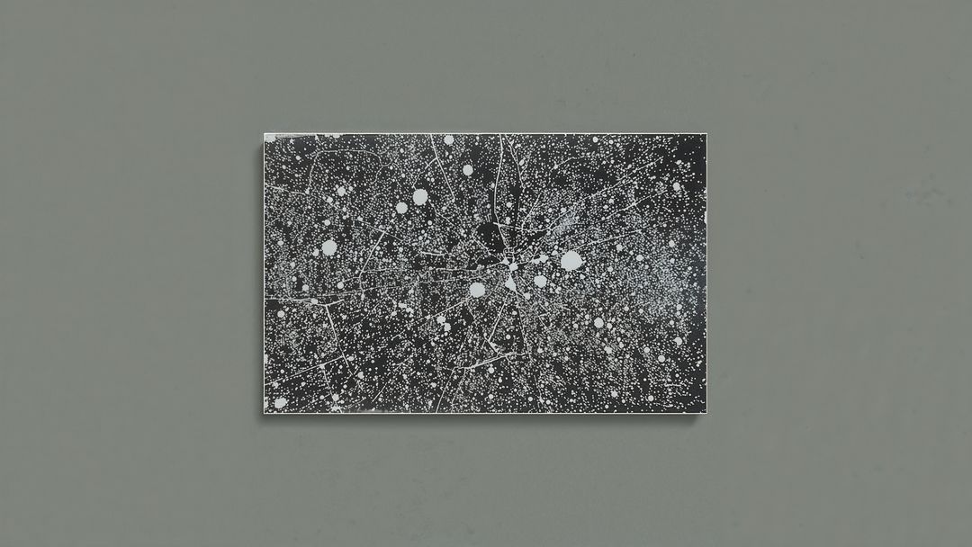 Abstract Monochrome Art with White Splatter Technique on Black Canvas