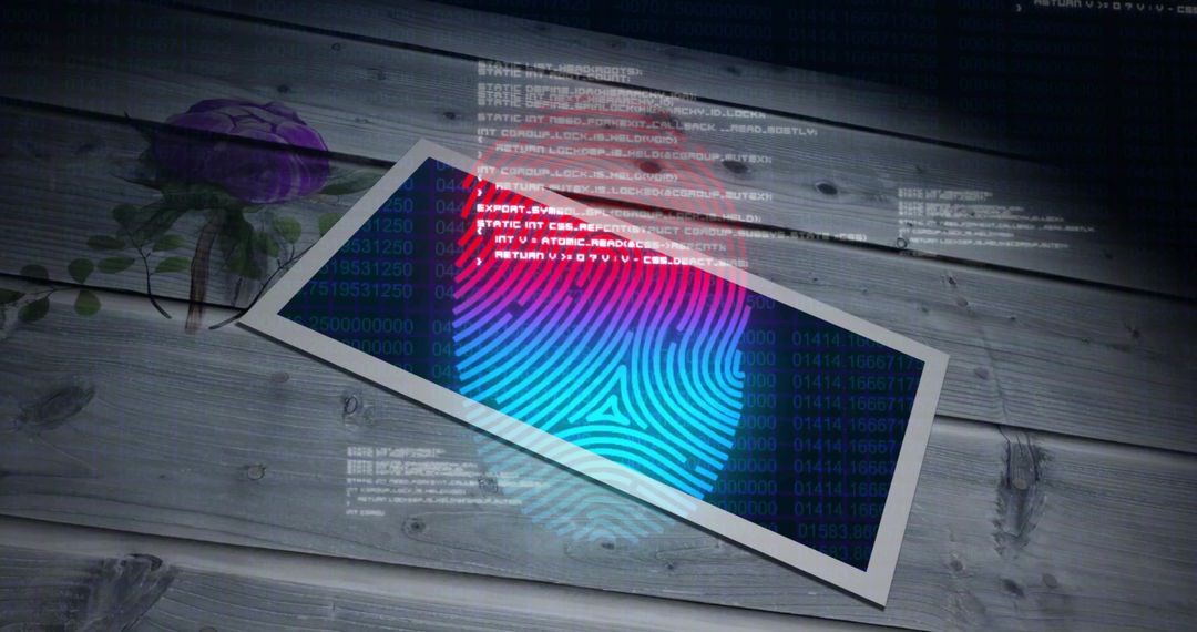 Projecting neon biometric fingerprint onto wooden tabletop with code overlay and purple rose