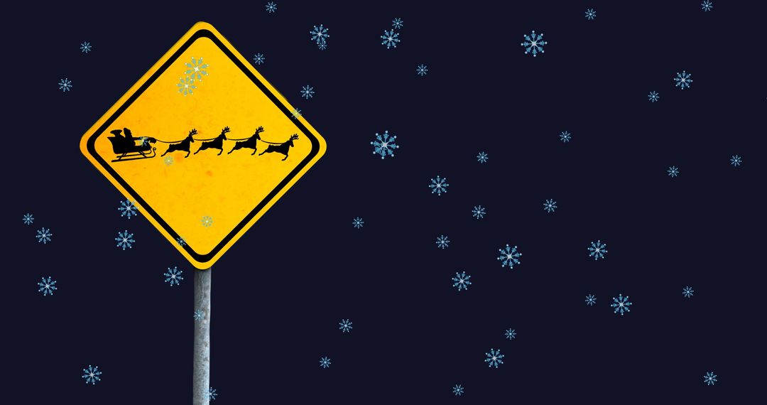 Christmas Road Sign with Falling Snowflakes on Dark Background