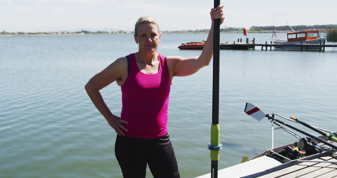 Woman Rowing Instructor Holding Oar by Lake - Free Images, Stock Photos and Pictures on Pikwizard.com