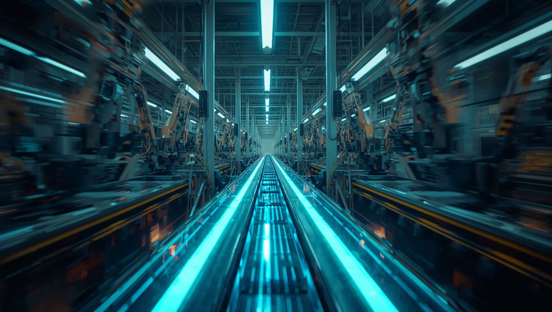 Futuristic Robotic Conveyor System in High-Tech Manufacturing Facility