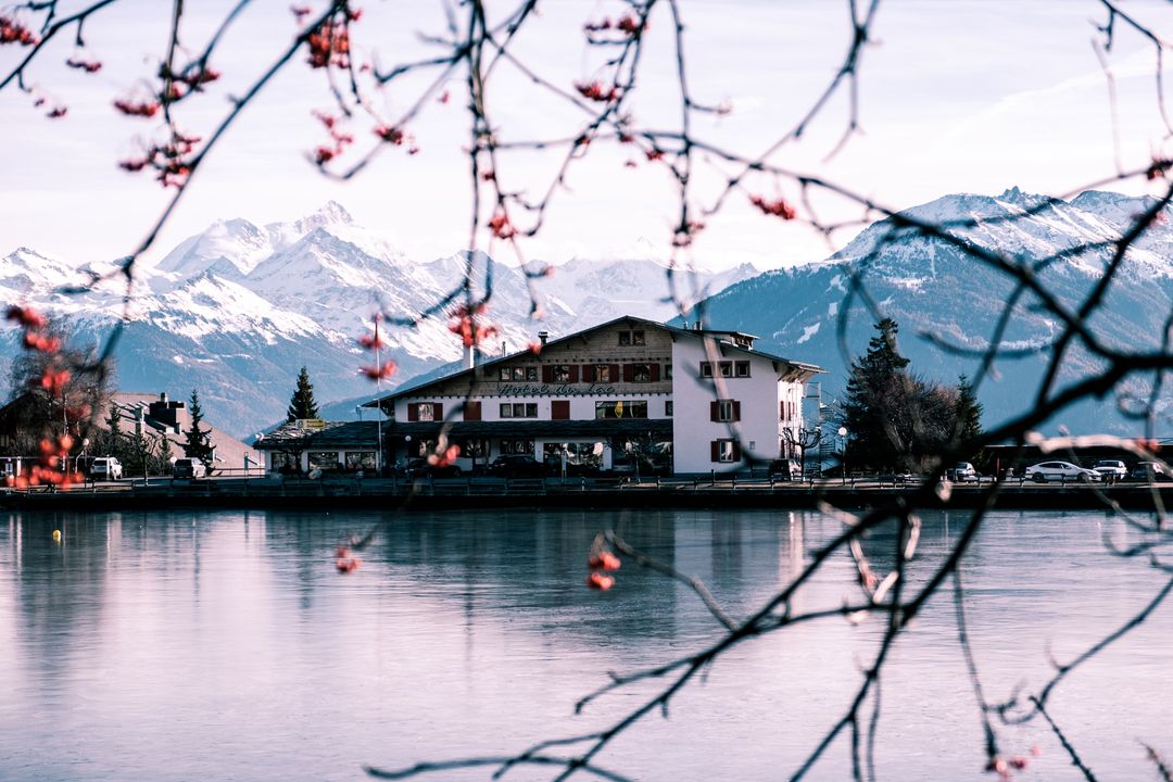 Berry-branch framing of alpine lodge reflecting on tranquil lake with snow-capped mountains