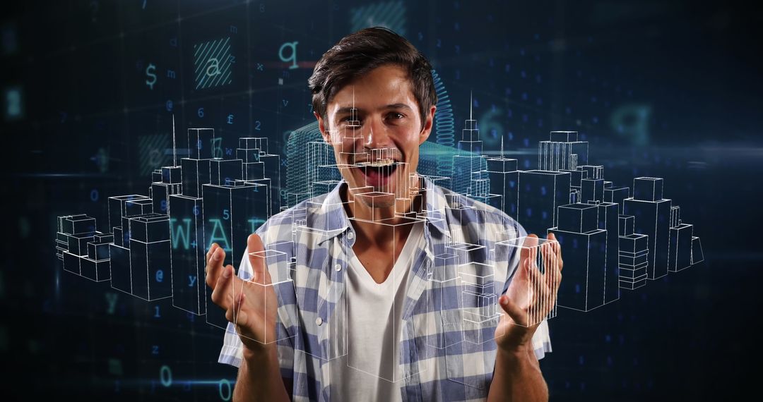 Man Smiling with Digital Cityscape and Data Overlay